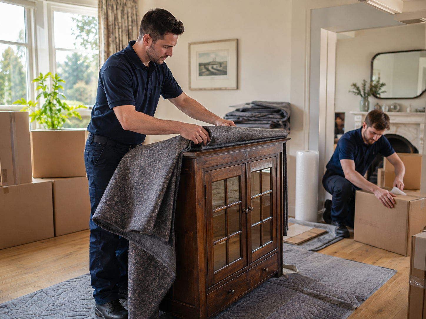 Removal professionals carefully protecting furniture inside a home