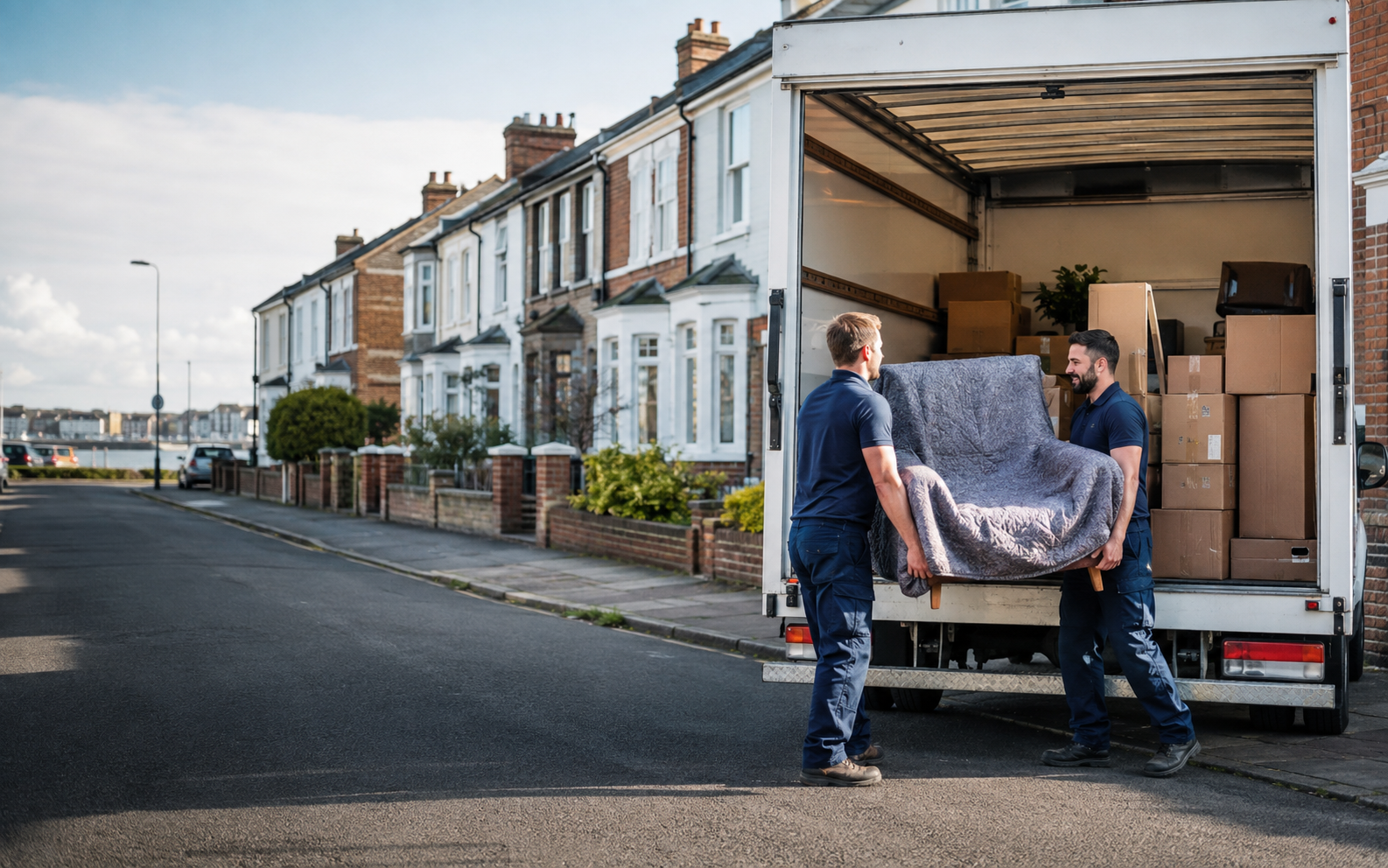 Professional removals team loading a van outside a British home